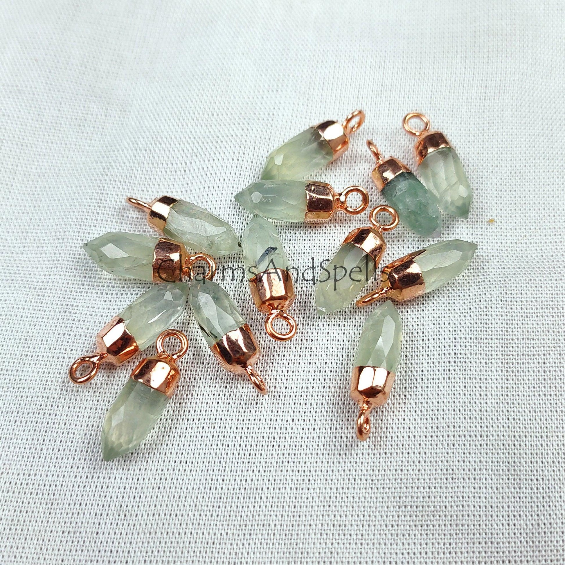 Natural Prehnite Pencil Pendant, Green Single Terminated Point Pendant, Gold Electroplated Pencil Pendant, Rose Gold Spikes Pendant - Charms And Spells