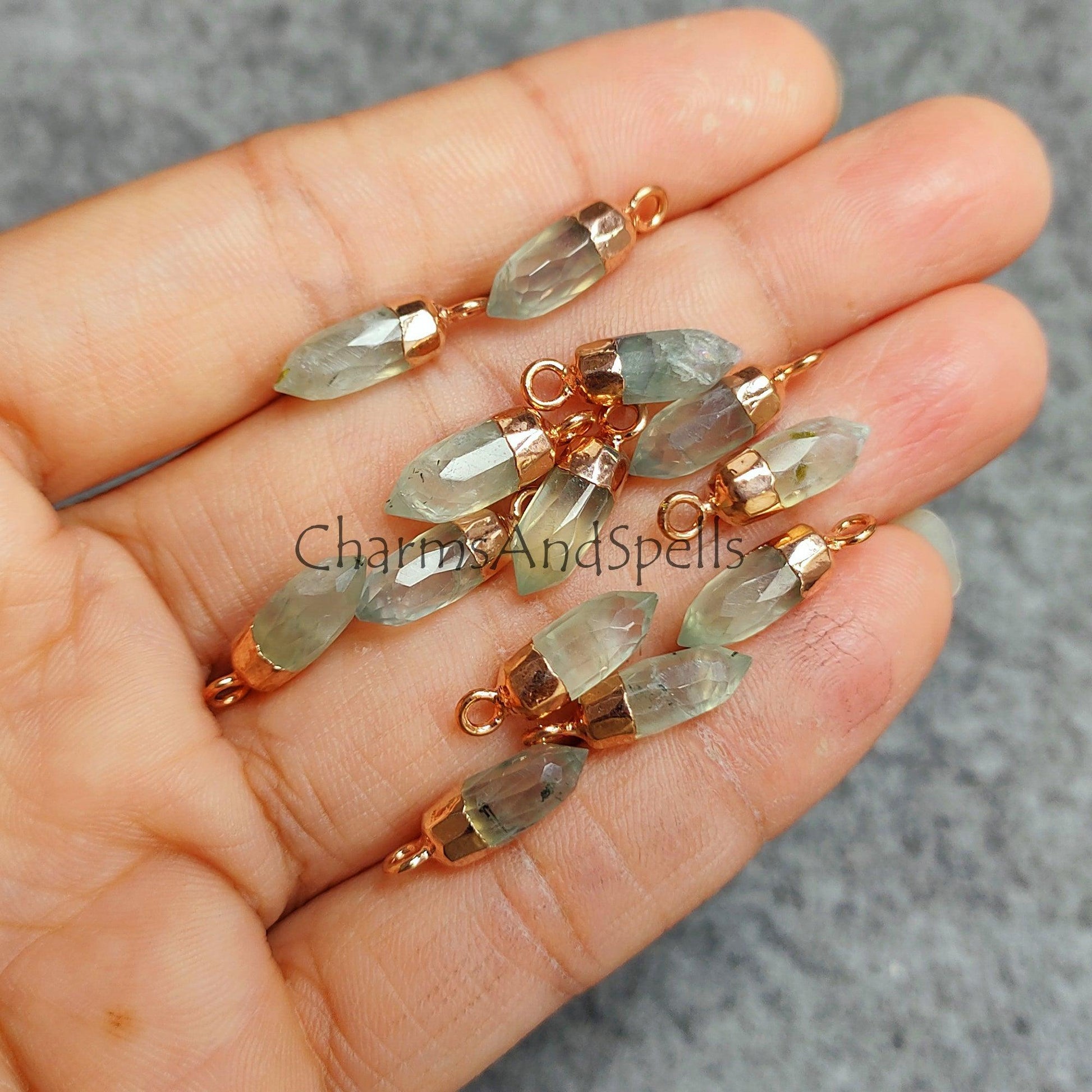 Natural Prehnite Pencil Pendant, Green Single Terminated Point Pendant, Gold Electroplated Pencil Pendant, Rose Gold Spikes Pendant - Charms And Spells