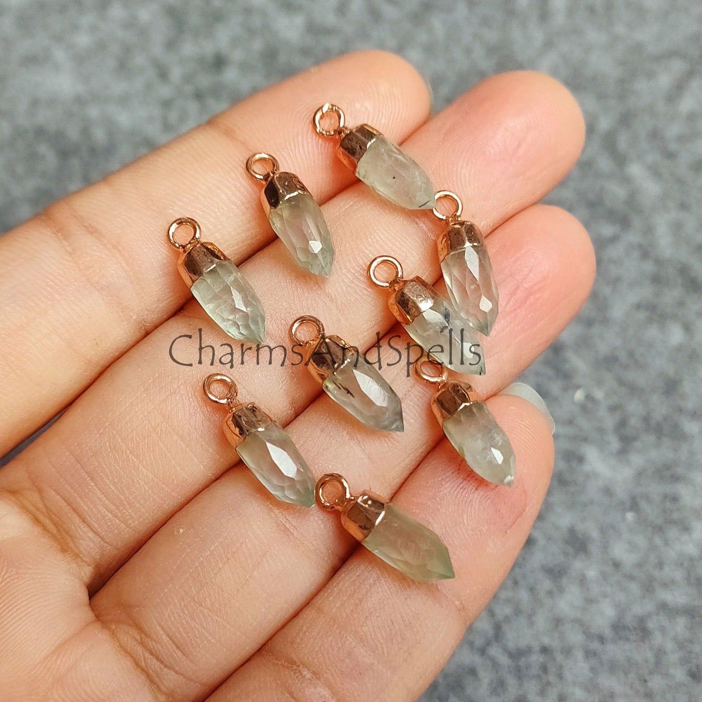 Natural Prehnite Pencil Pendant, Green Single Terminated Point Pendant, Gold Electroplated Pencil Pendant, Rose Gold Spikes Pendant - Charms And Spells