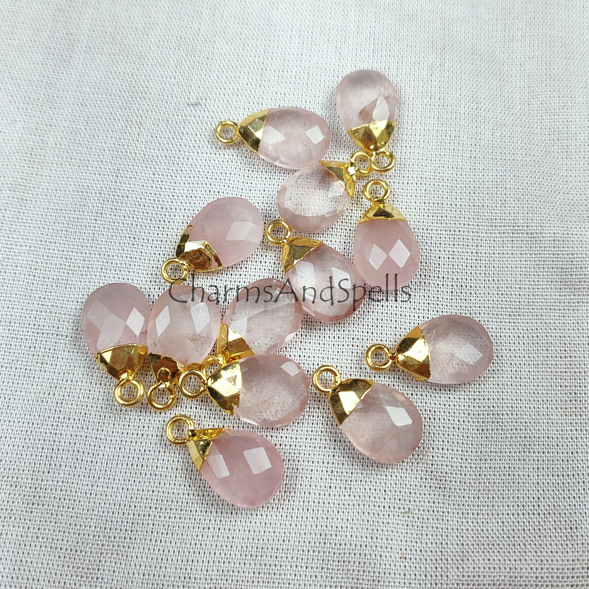 Rose Quartz Pear Shape Pendant Connectors, Faceted Rose Quartz Electroplated Charm, Gemstone Pendant Connector, Gold Plated Connector - Charms And Spells