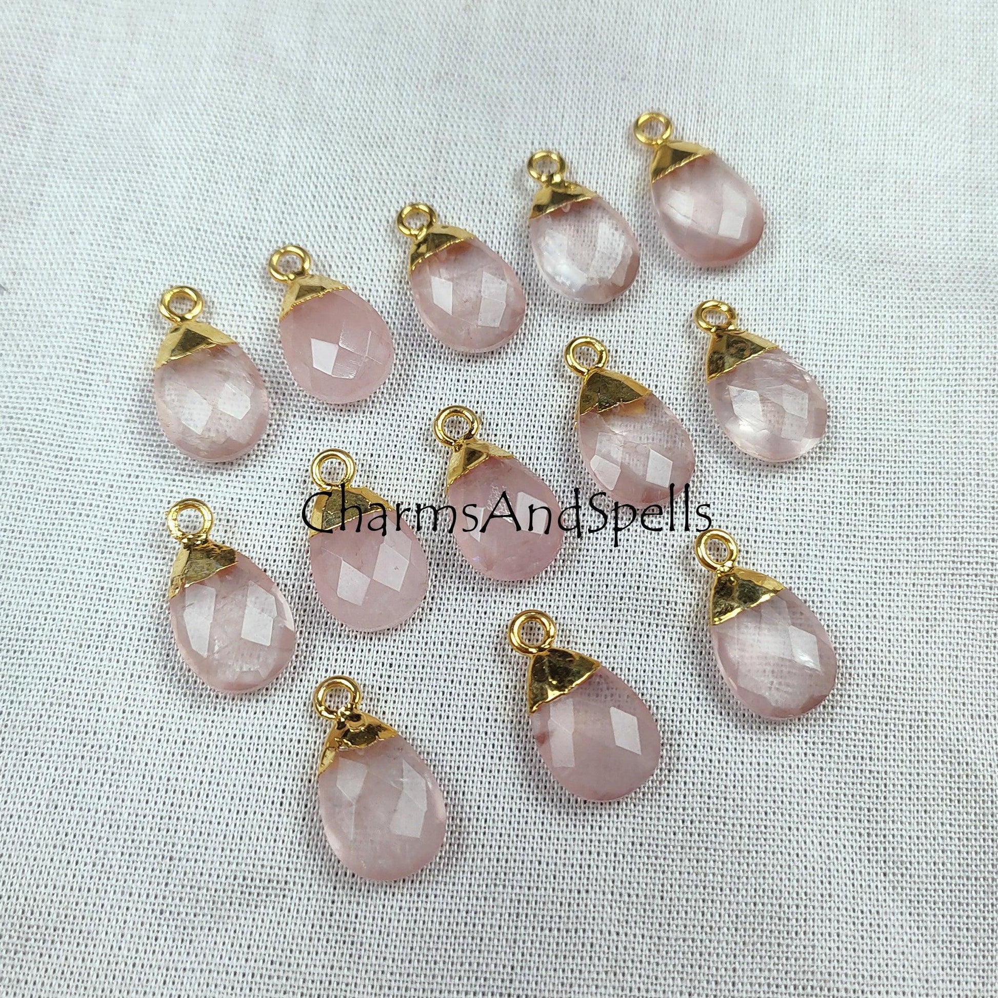 Rose Quartz Pear Shape Pendant Connectors, Faceted Rose Quartz Electroplated Charm, Gemstone Pendant Connector, Gold Plated Connector - Charms And Spells