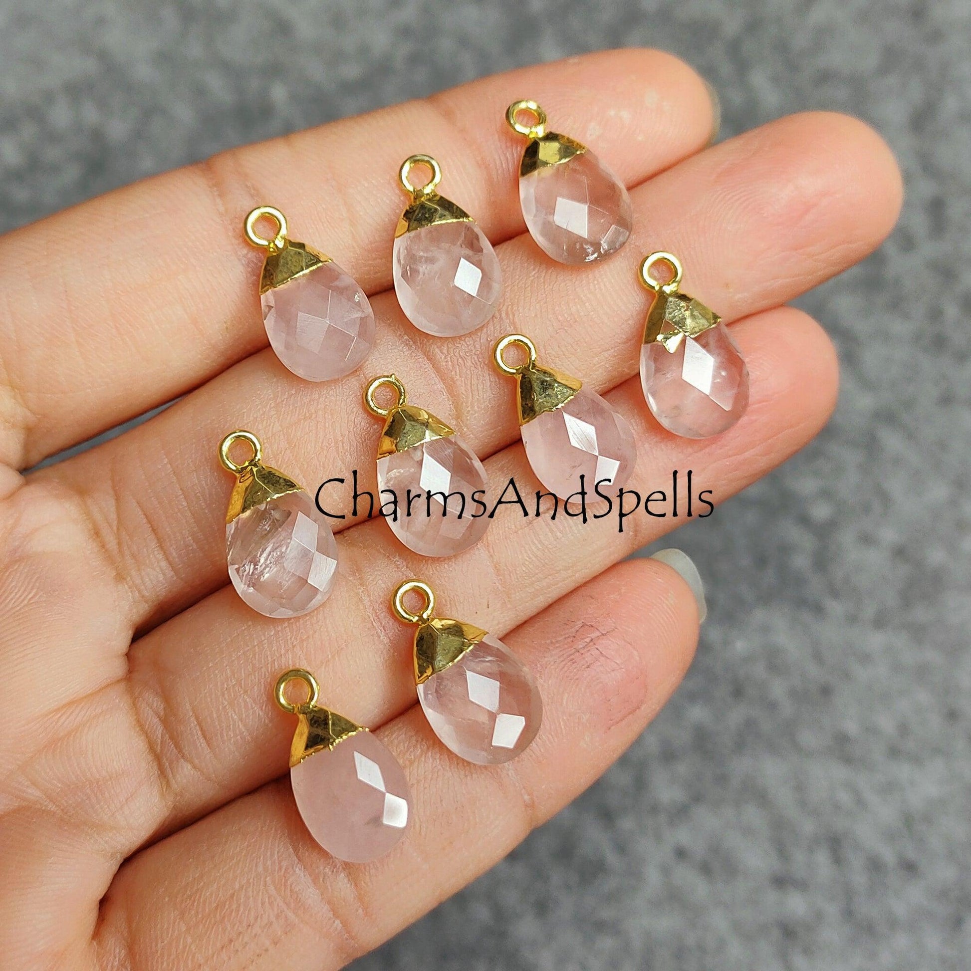 Rose Quartz Pear Shape Pendant Connectors, Faceted Rose Quartz Electroplated Charm, Gemstone Pendant Connector, Gold Plated Connector - Charms And Spells