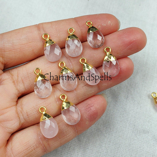 Rose Quartz Pear Shape Pendant Connectors, Faceted Rose Quartz Electroplated Charm, Gemstone Pendant Connector, Gold Plated Connector - Charms And Spells