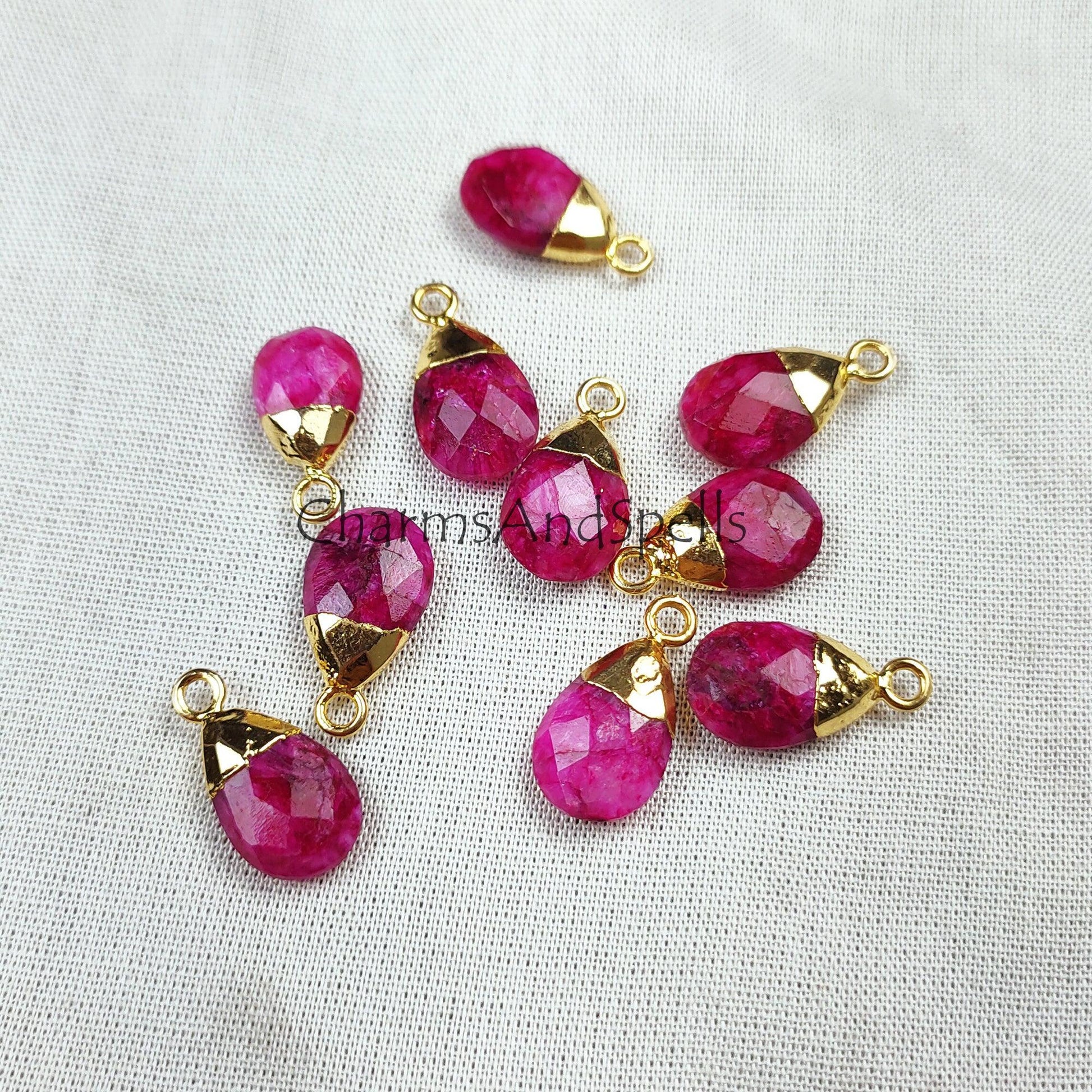 Ruby Pendant Connectors, Pink Color Faceted Electroplated Charm, Ruby Pendant Connector, Gold Plated Connector, Healing Charms - Charms And Spells