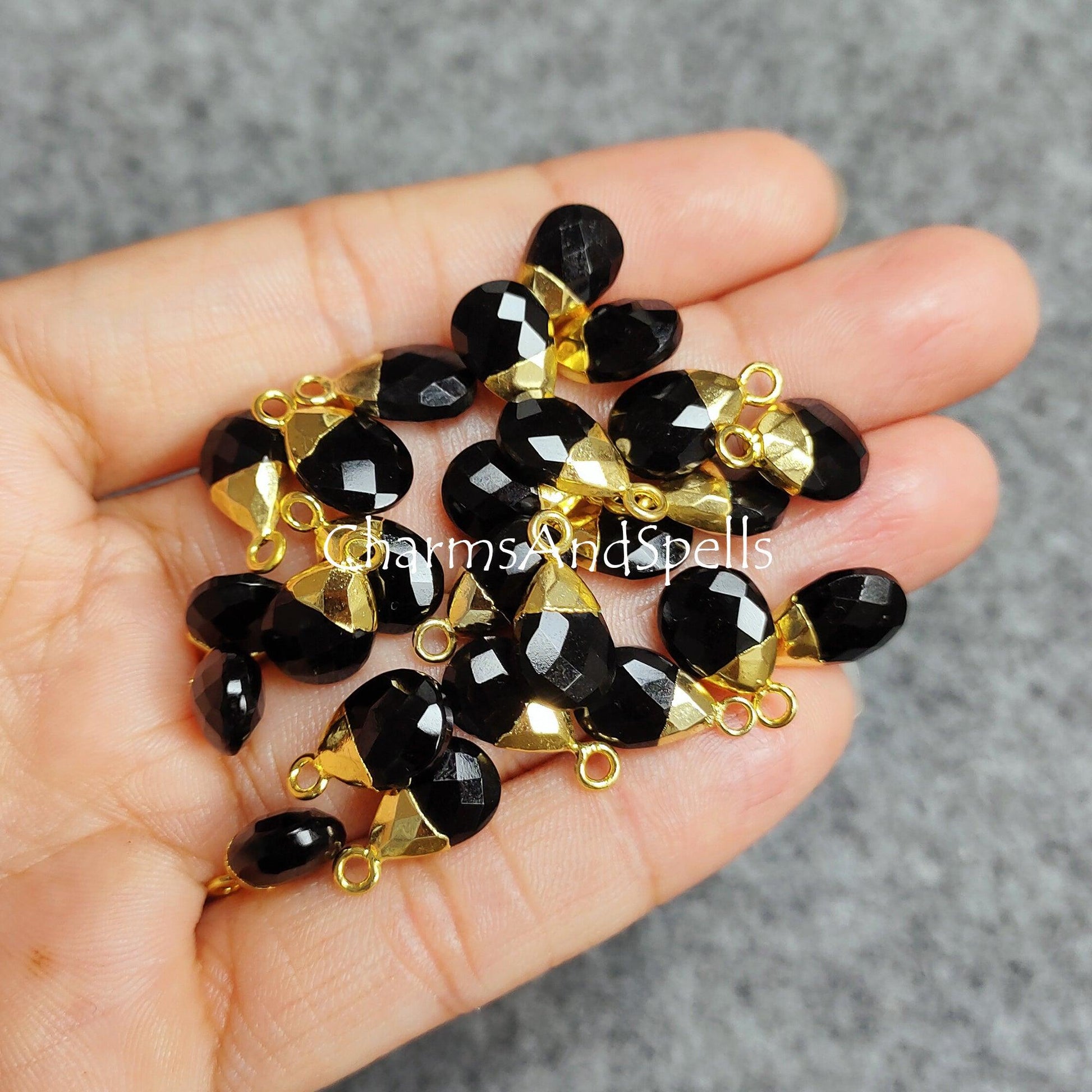 Black Onyx Charm Connectors, Electroplated Charm, Black Pendant Connector, Faceted Pear Shape Connector, Gift Making Charms - Charms And Spells