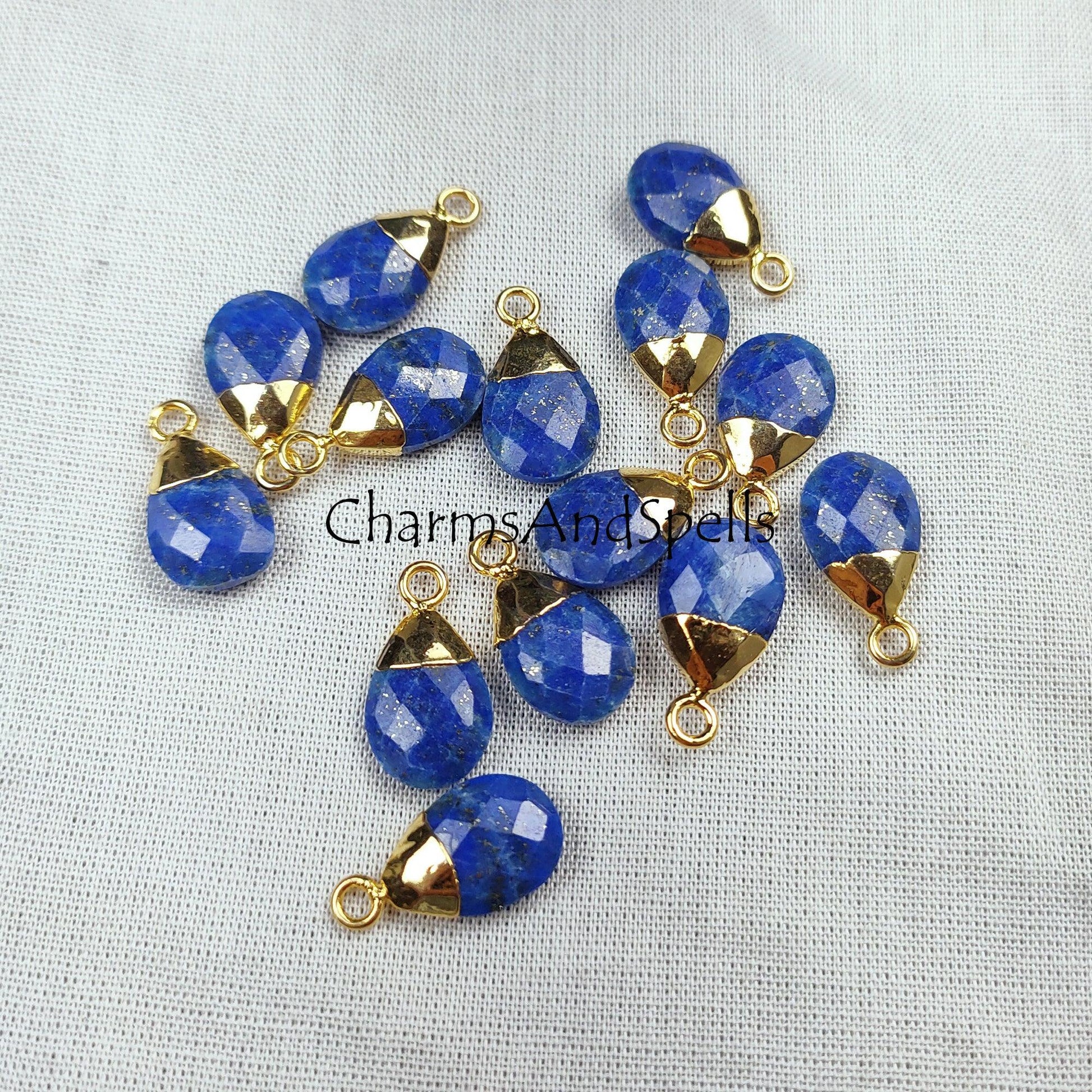 Blue Lapis lazuli Electroplated Charm Connector, Blue Necklace Connector, Faceted Lapis Pear Shape Connector, Blue Jewelry - Charms And Spells