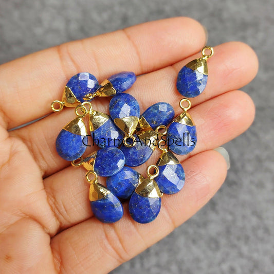 Blue Lapis lazuli Electroplated Charm Connector, Blue Necklace Connector, Faceted Lapis Pear Shape Connector, Blue Jewelry - Charms And Spells