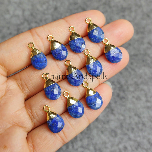 Blue Lapis lazuli Electroplated Charm Connector, Blue Necklace Connector, Faceted Lapis Pear Shape Connector, Blue Jewelry - Charms And Spells