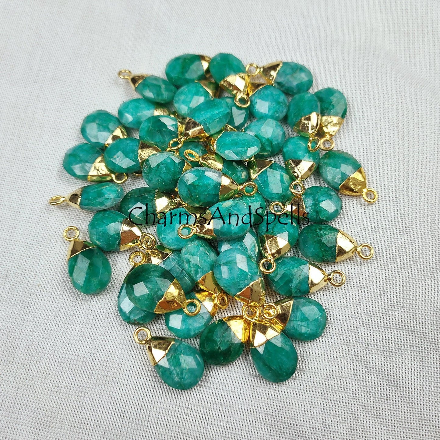 Emerald Gemstone Connectors, Silver / Gold Electroplated Single Bail Charms, May Birthstone Gift, Emerald DIY Jewelry Supplies - Charms And Spells