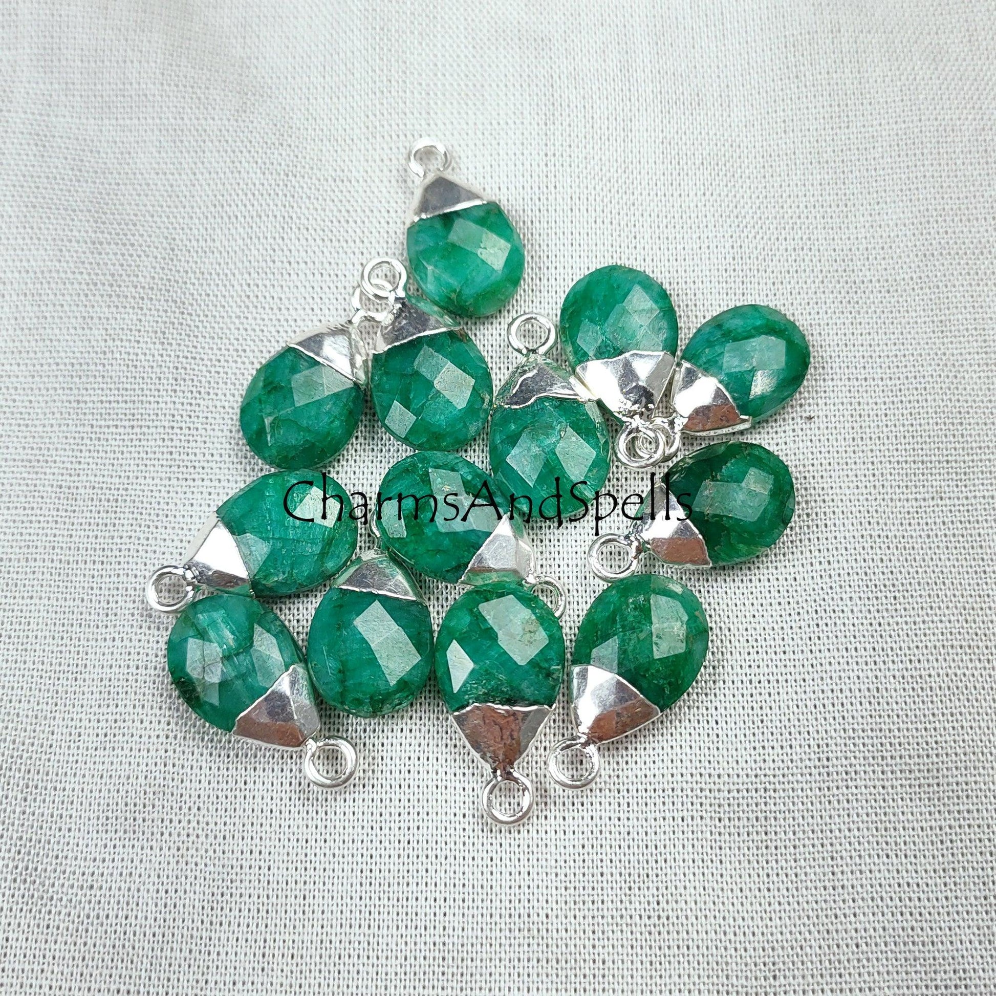 Emerald Gemstone Connectors, Silver / Gold Electroplated Single Bail Charms, May Birthstone Gift, Emerald DIY Jewelry Supplies - Charms And Spells