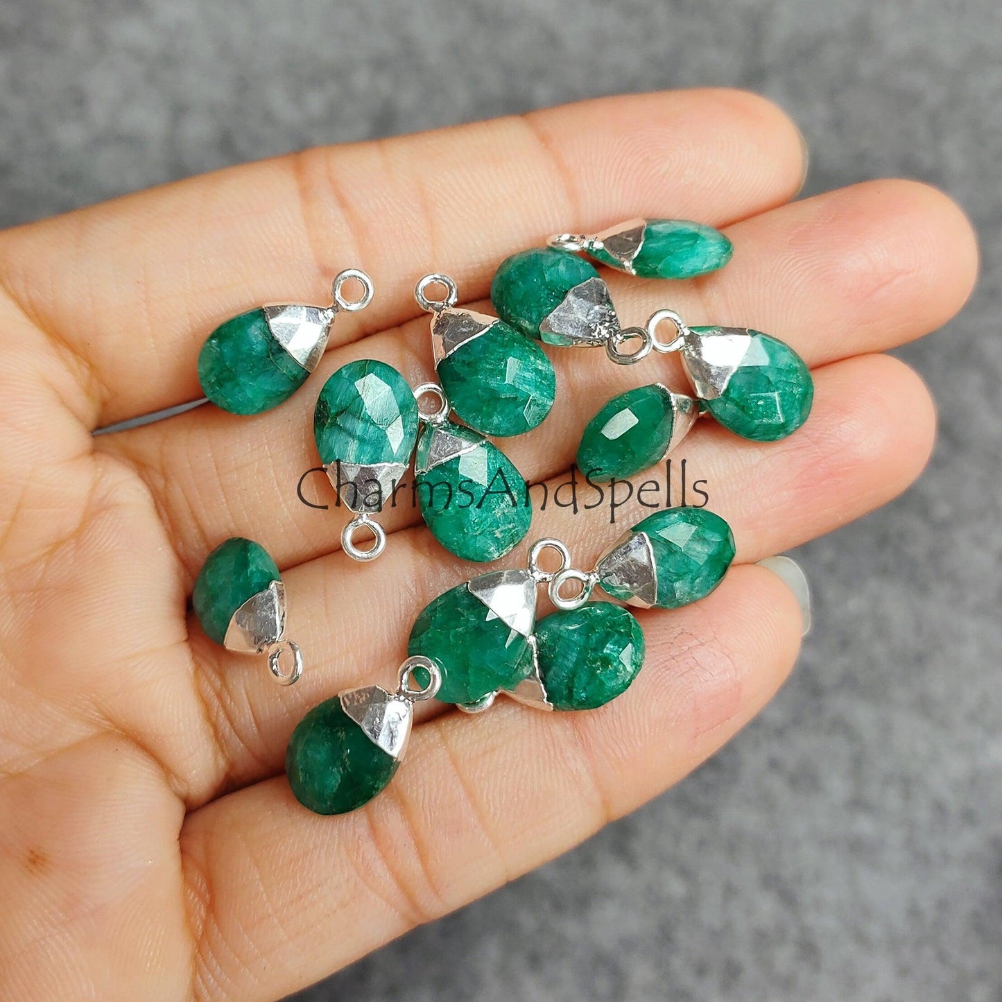 Emerald Gemstone Connectors, Silver / Gold Electroplated Single Bail Charms, May Birthstone Gift, Emerald DIY Jewelry Supplies - Charms And Spells