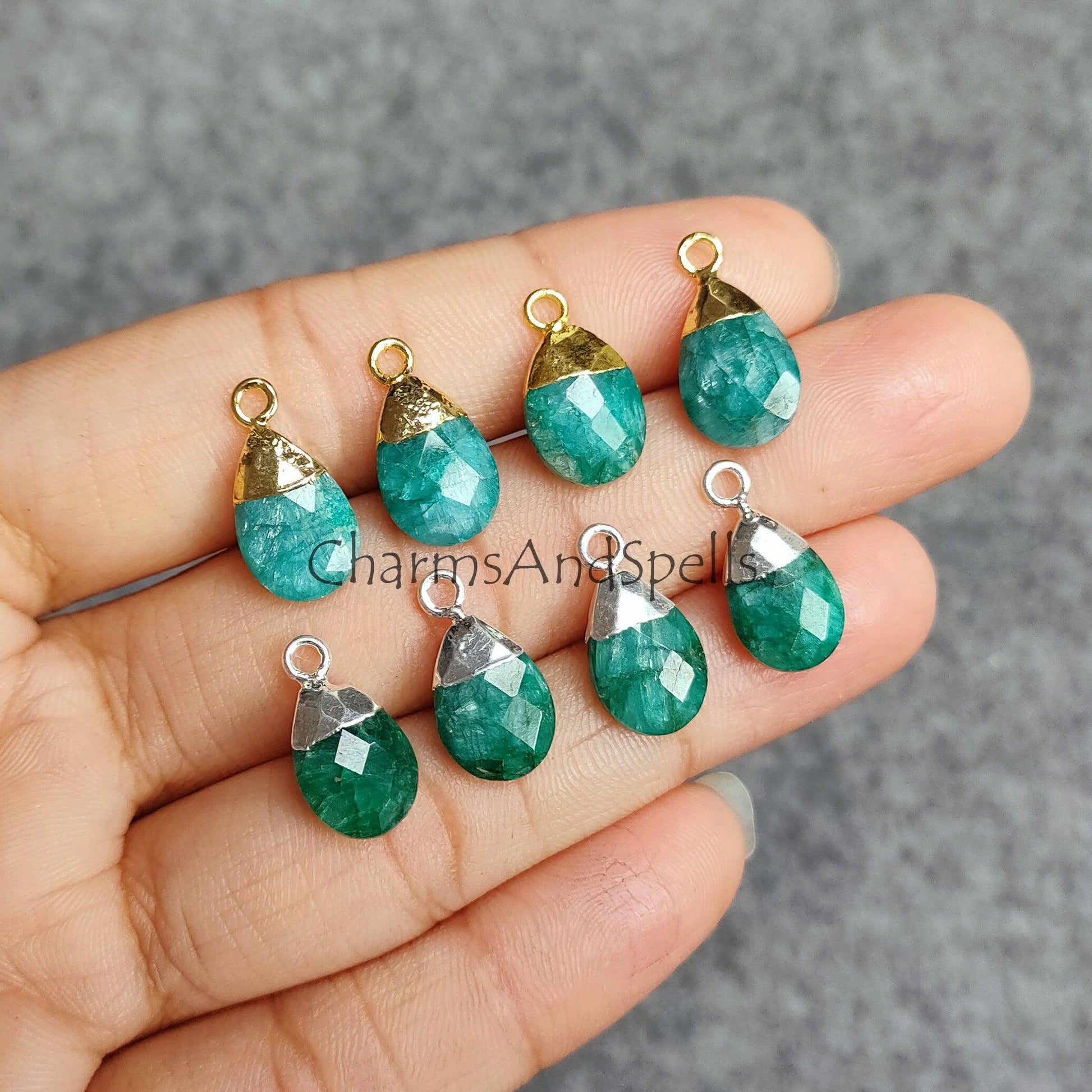 Emerald Gemstone Connectors, Silver / Gold Electroplated Single Bail Charms, May Birthstone Gift, Emerald DIY Jewelry Supplies - Charms And Spells