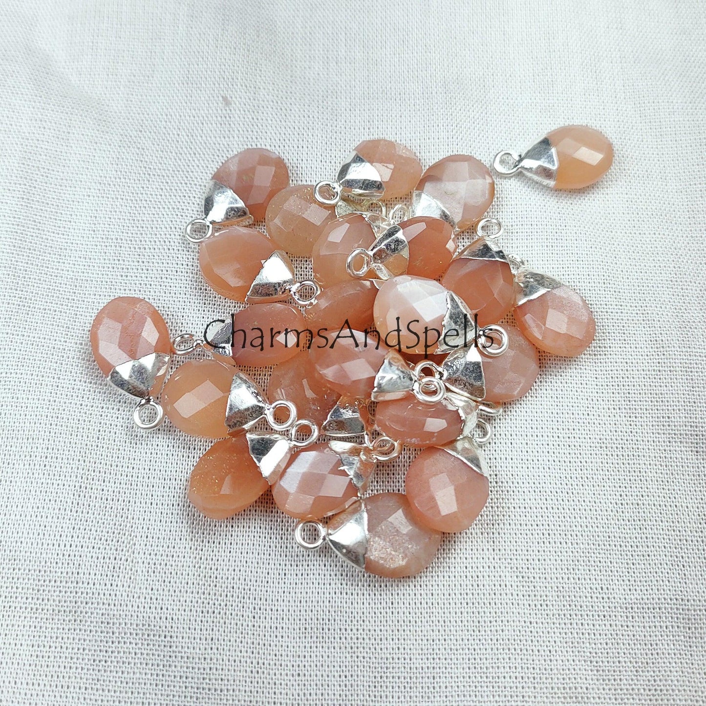 Peach Moonstone Pendant Connector, Single Bail Connector, link Pendent, Necklace making Connector, Silver/Gold Plated Pendent - Charms And Spells