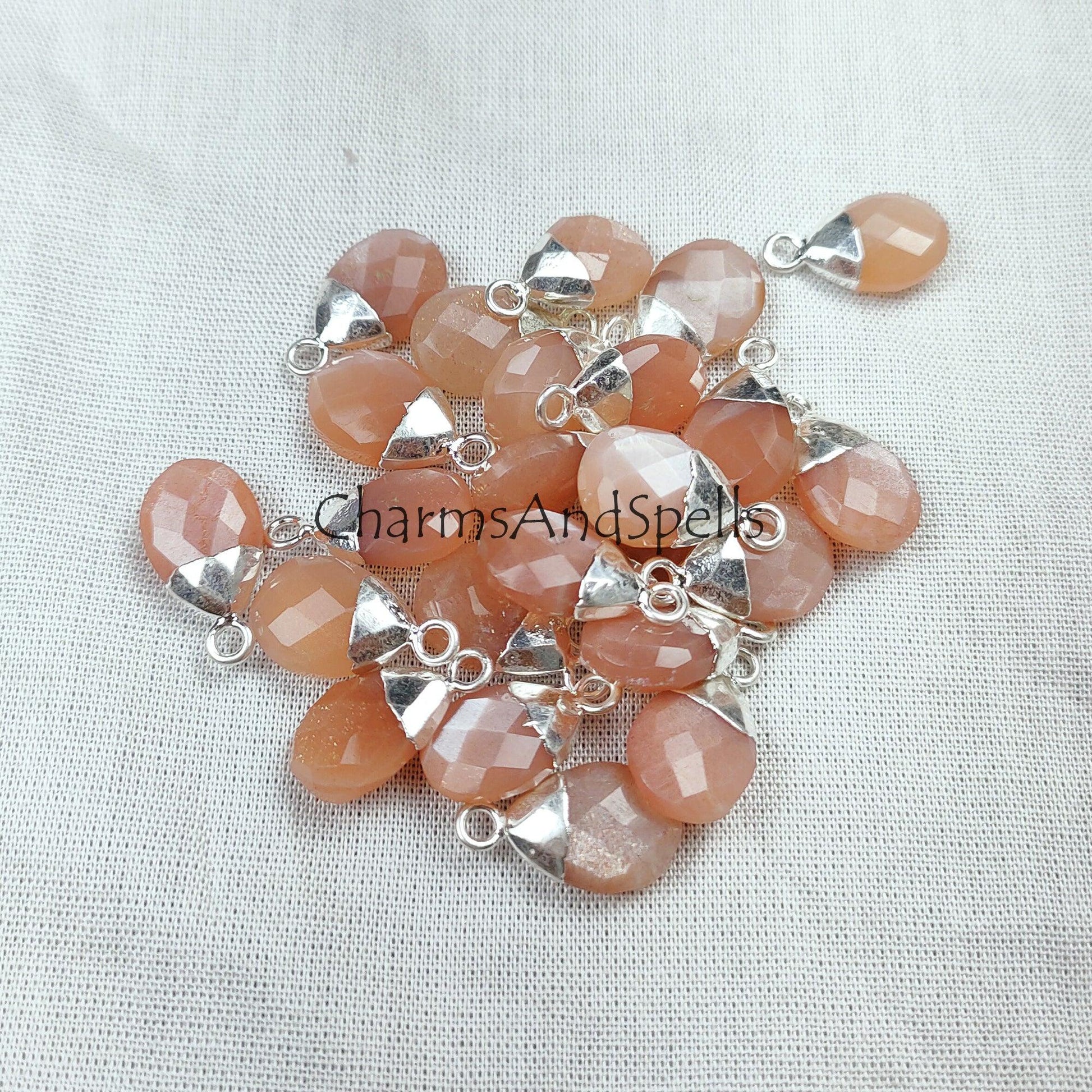 Peach Moonstone Pendant Connector, Single Bail Connector, link Pendent, Necklace making Connector, Silver/Gold Plated Pendent - Charms And Spells