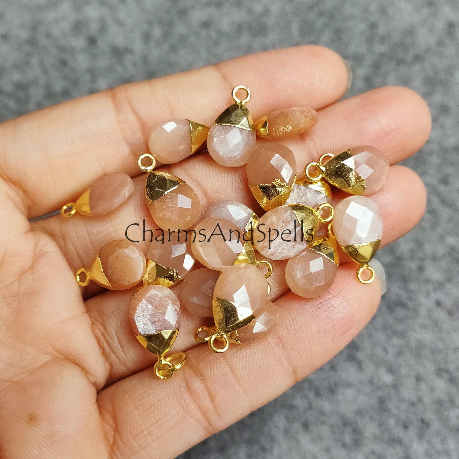 Peach Moonstone Pendant Connector, Single Bail Connector, link Pendent, Necklace making Connector, Silver/Gold Plated Pendent - Charms And Spells