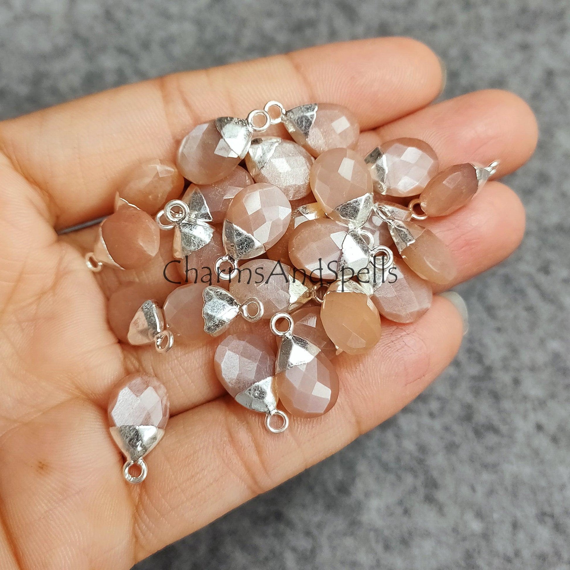 Peach Moonstone Pendant Connector, Single Bail Connector, link Pendent, Necklace making Connector, Silver/Gold Plated Pendent - Charms And Spells