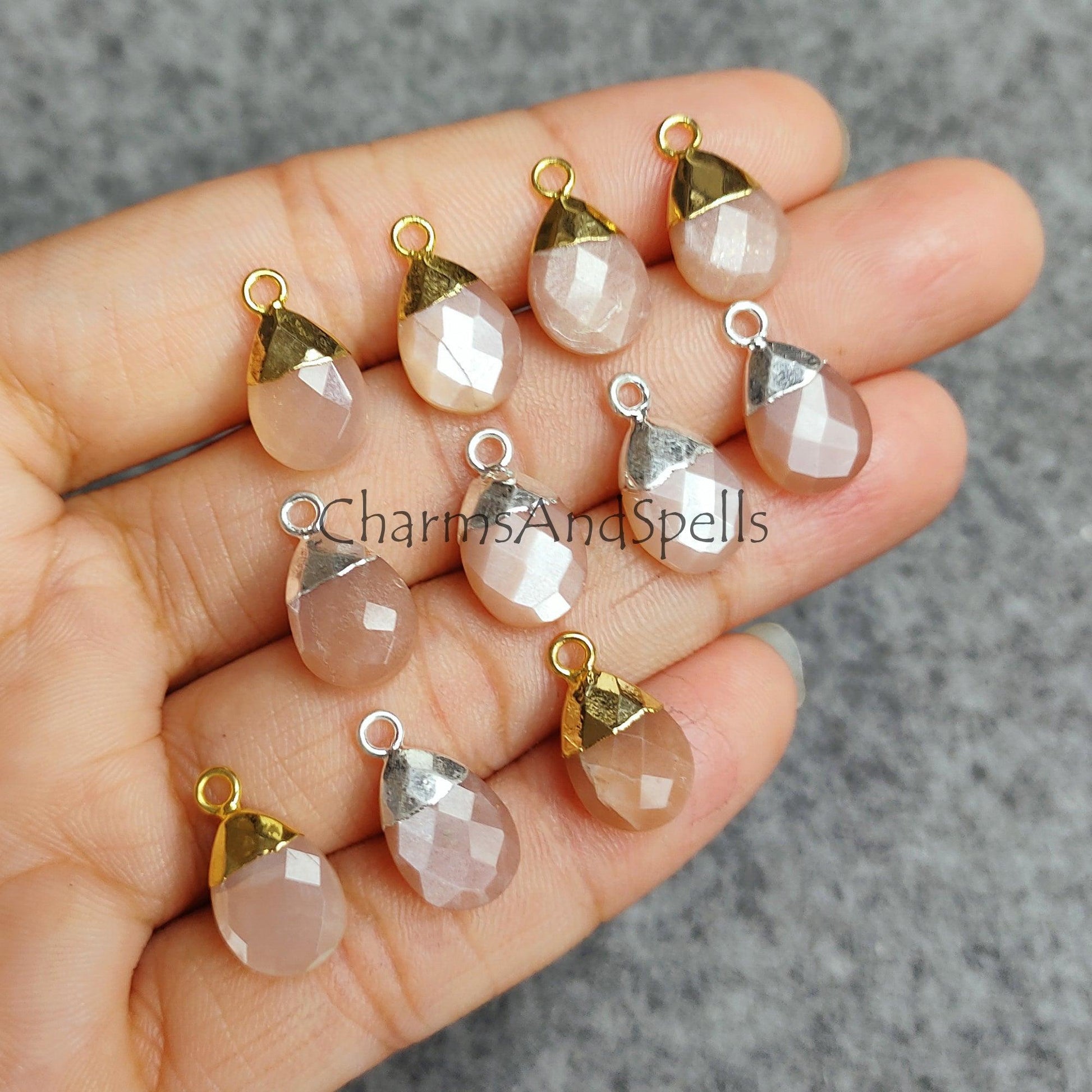 Peach Moonstone Pendant Connector, Single Bail Connector, link Pendent, Necklace making Connector, Silver/Gold Plated Pendent - Charms And Spells