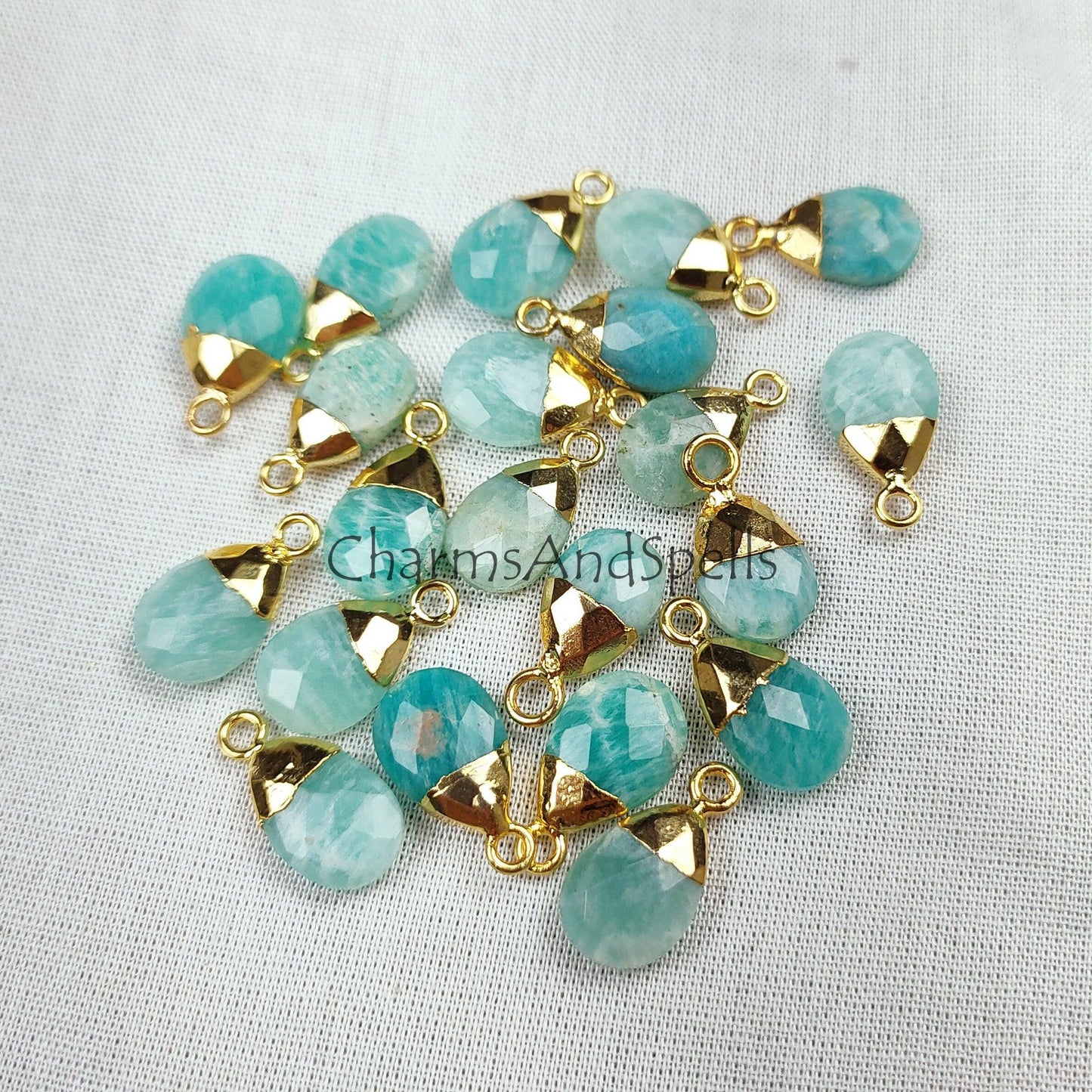 Faceted Amazonite Electroplated Charm Connector, Gold Plated Green Necklace Connector, Pear Shape Connector, Imitation Jewelry - Charms And Spells