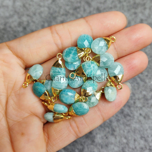 Faceted Amazonite Electroplated Charm Connector, Gold Plated Green Necklace Connector, Pear Shape Connector, Imitation Jewelry - Charms And Spells