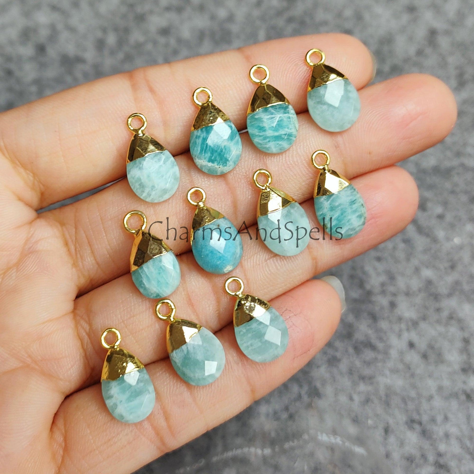 Faceted Amazonite Electroplated Charm Connector, Gold Plated Green Necklace Connector, Pear Shape Connector, Imitation Jewelry - Charms And Spells