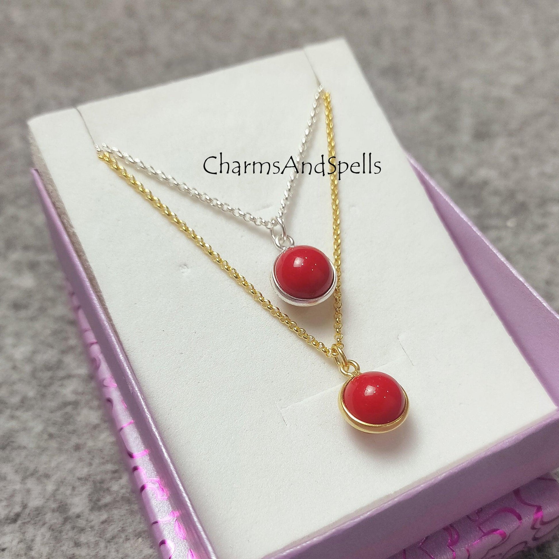 Red Coral Sphere Pendant Necklace, Red Coral Necklace, Gold/ Silver Plated Necklace, Red Coral Ball Pendant Necklace - Charms And Spells