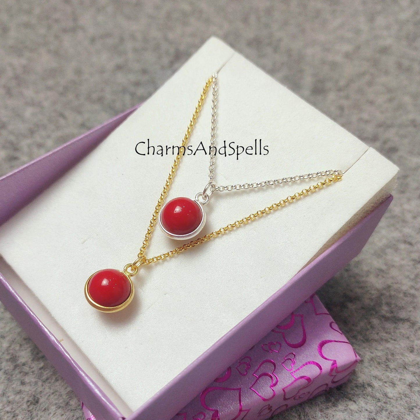 Red Coral Sphere Pendant Necklace, Red Coral Necklace, Gold/ Silver Plated Necklace, Red Coral Ball Pendant Necklace - Charms And Spells