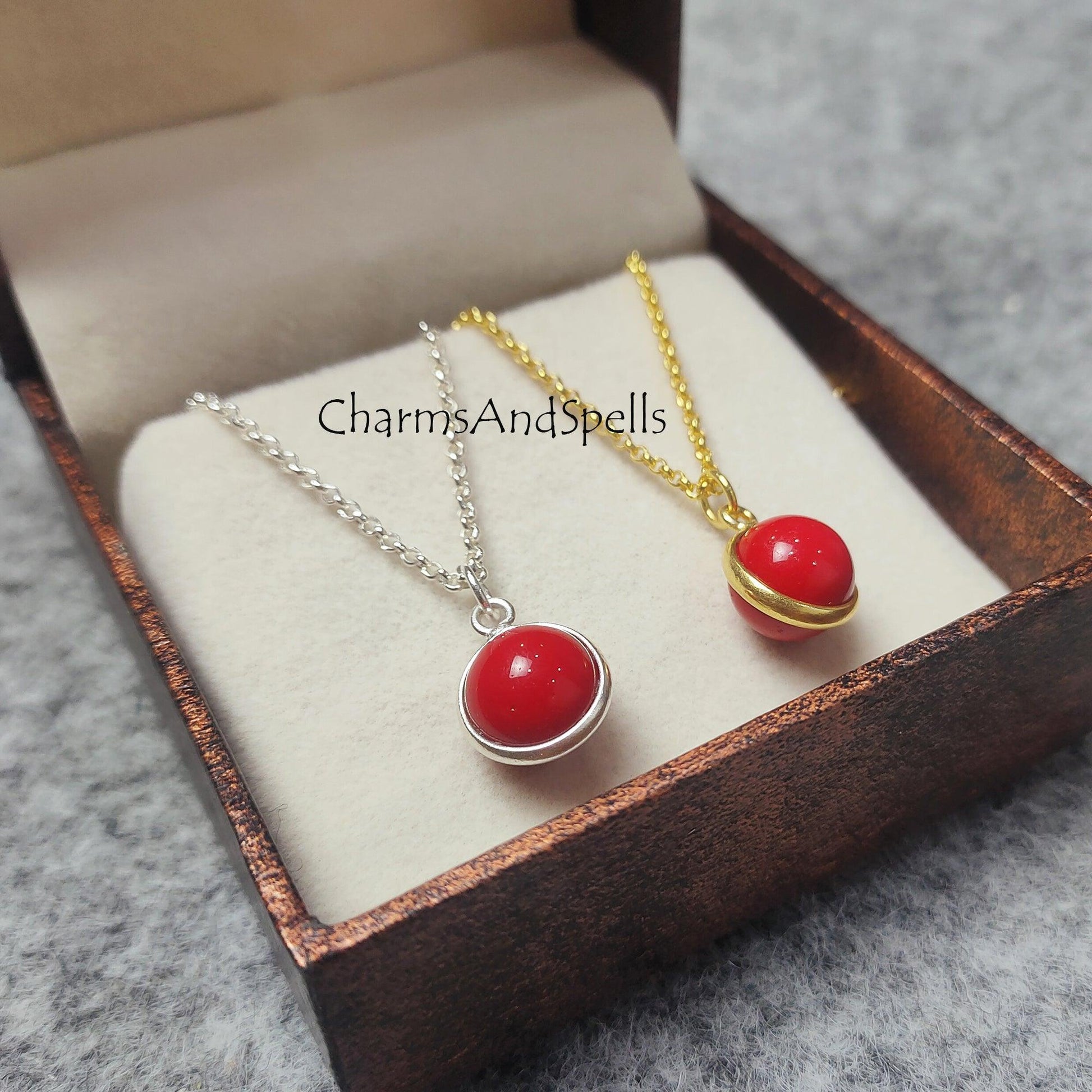 Red Coral Sphere Pendant Necklace, Red Coral Necklace, Gold/ Silver Plated Necklace, Red Coral Ball Pendant Necklace - Charms And Spells