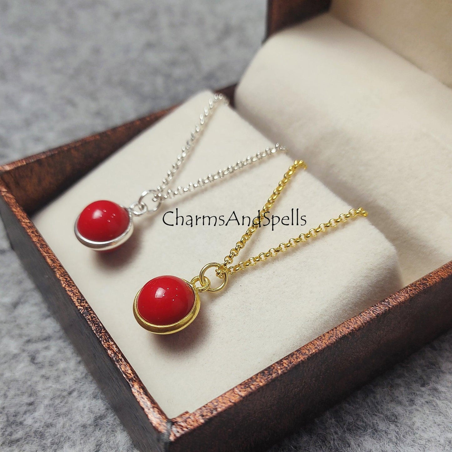 Red Coral Sphere Pendant Necklace, Red Coral Necklace, Gold/ Silver Plated Necklace, Red Coral Ball Pendant Necklace - Charms And Spells