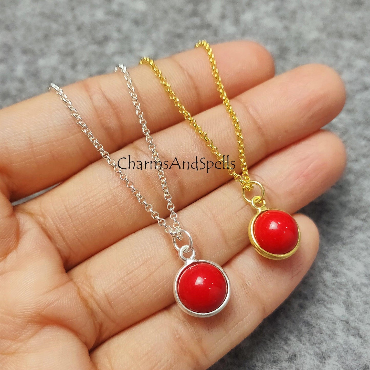 Red Coral Sphere Pendant Necklace, Red Coral Necklace, Gold/ Silver Plated Necklace, Red Coral Ball Pendant Necklace - Charms And Spells