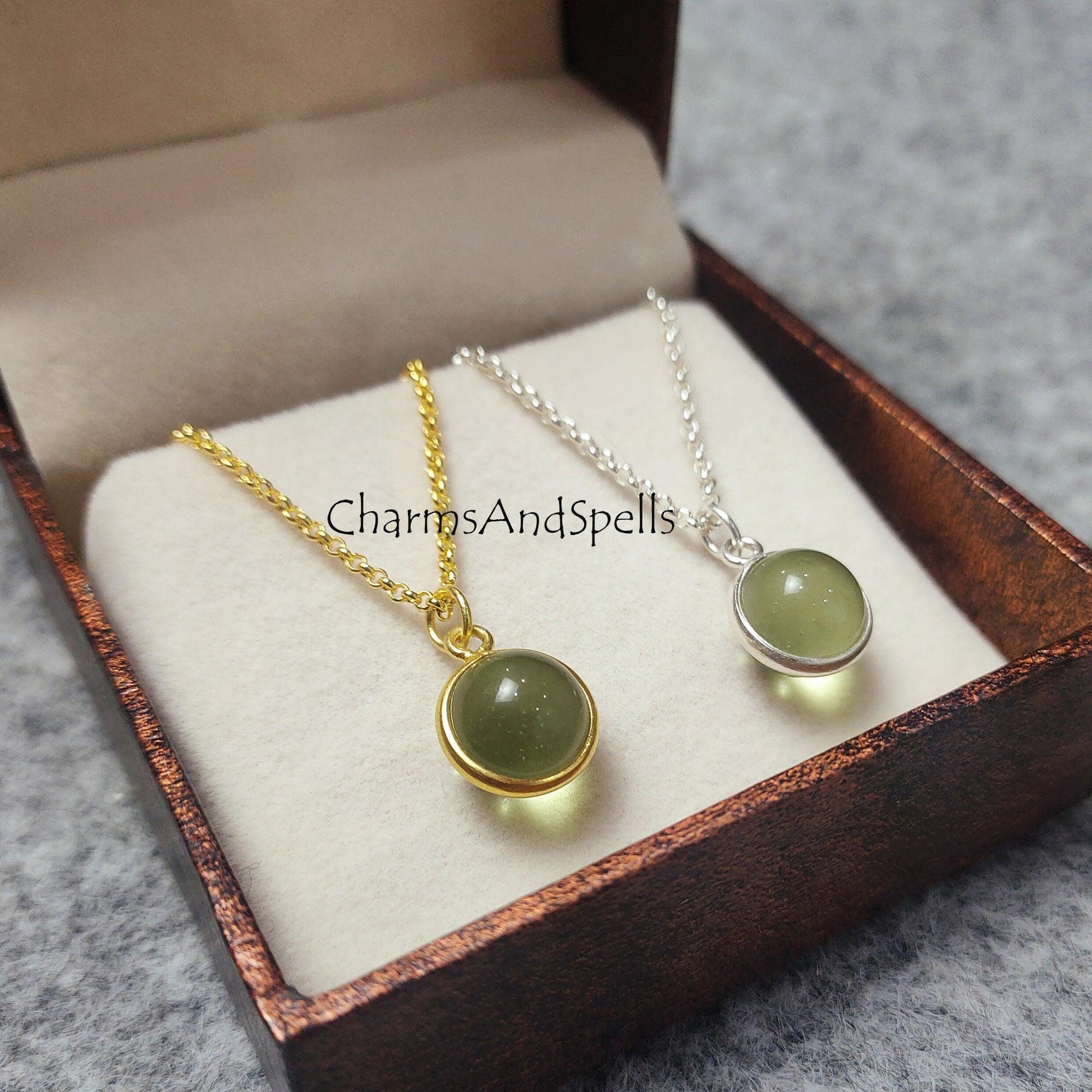 Green Amethyst Gemstone Necklace, Gold/ Silver Plated Necklace, Ball Necklace, Sphere Pendant, Healing Heart Chakra - Charms And Spells