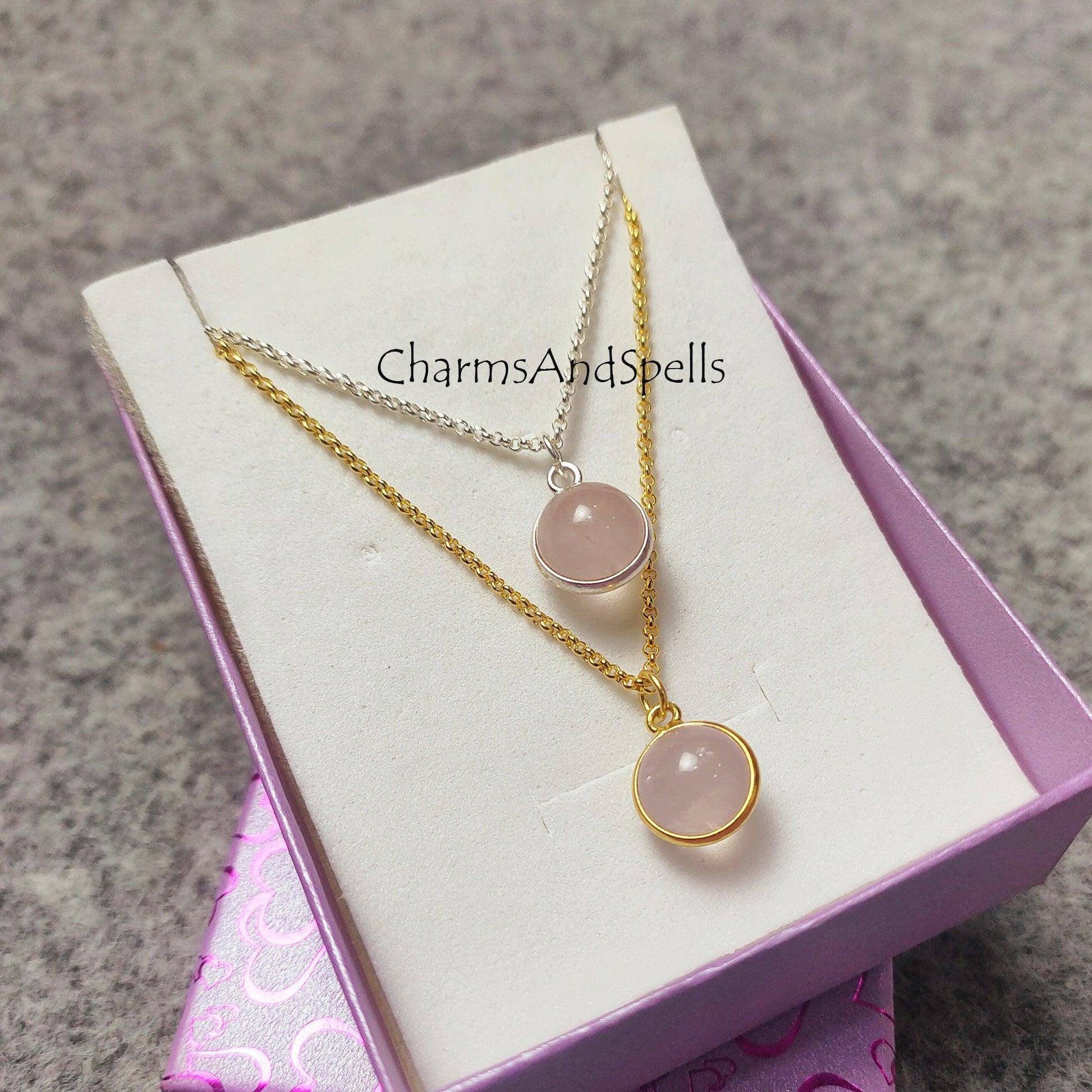 Small Rose Quartz Ball Necklace, Gold/ Silver Plated Pendent Necklace, Crystal Ball Charm Pendant, quartz jewelry - Charms And Spells