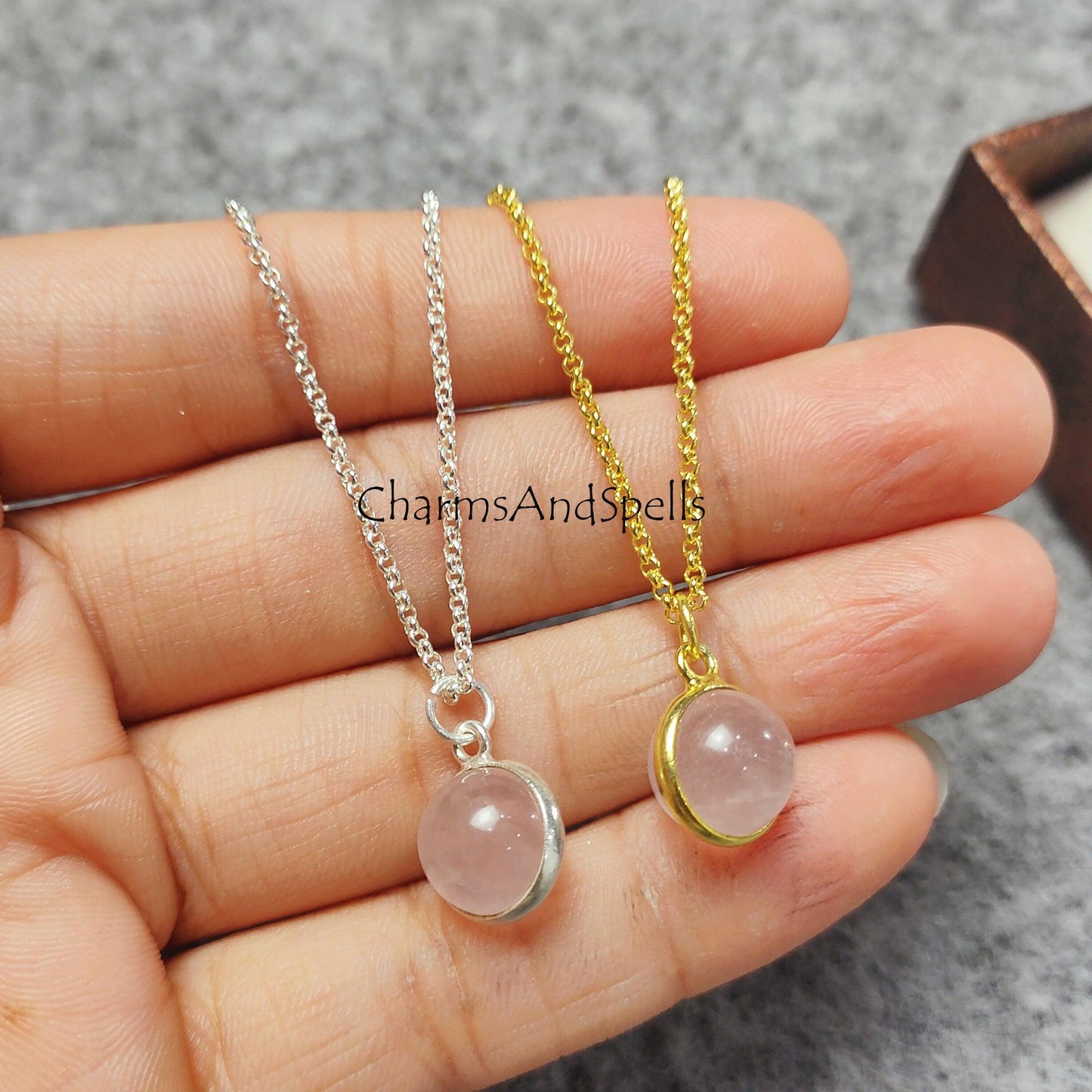 Small Rose Quartz Ball Necklace, Gold/ Silver Plated Pendent Necklace, Crystal Ball Charm Pendant, quartz jewelry - Charms And Spells