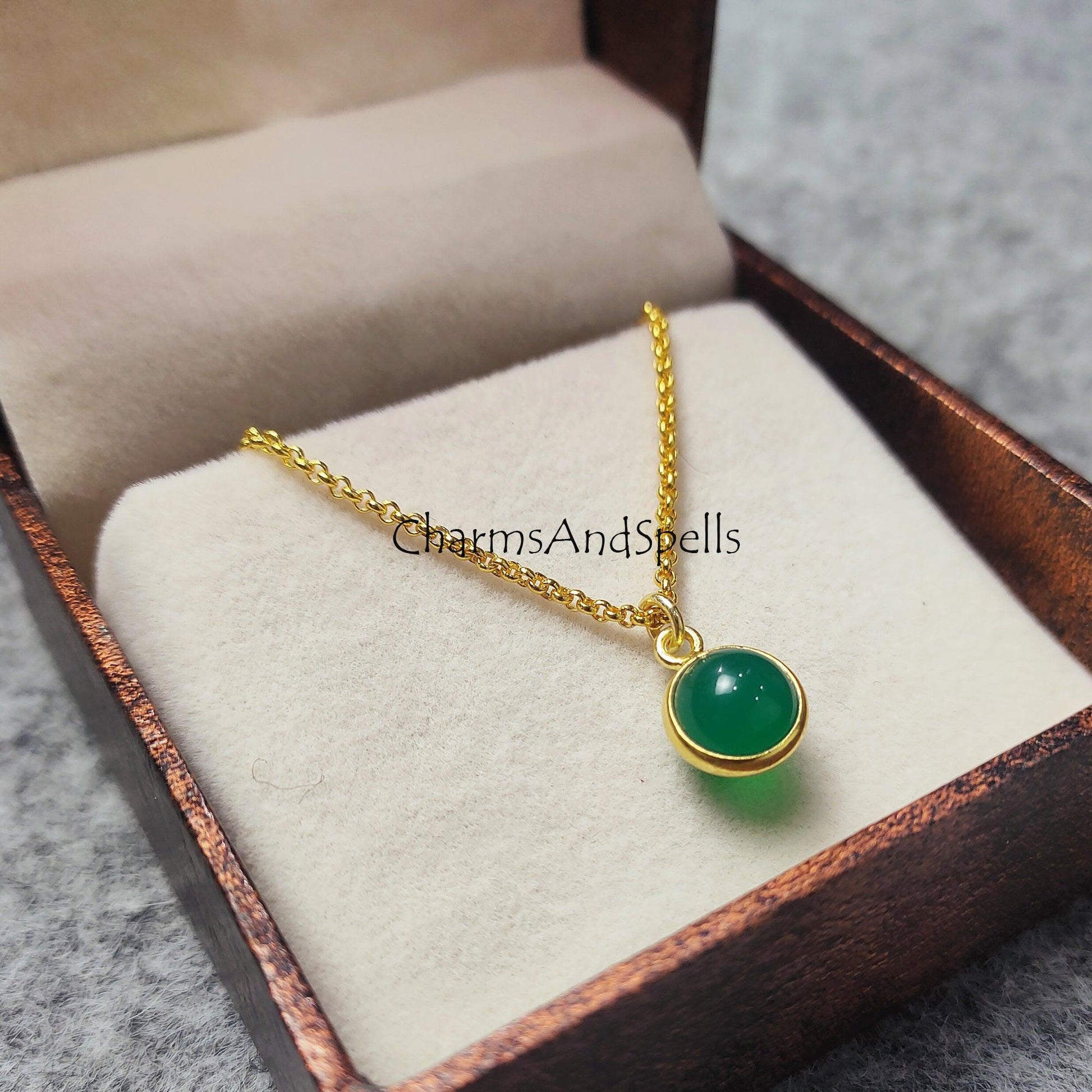 Green Onyx Gemstone Necklace Pendant, Gold Plated Necklace, Green Onyx Ball Necklace, Orb Necklace, Green onyx necklaces - Charms And Spells