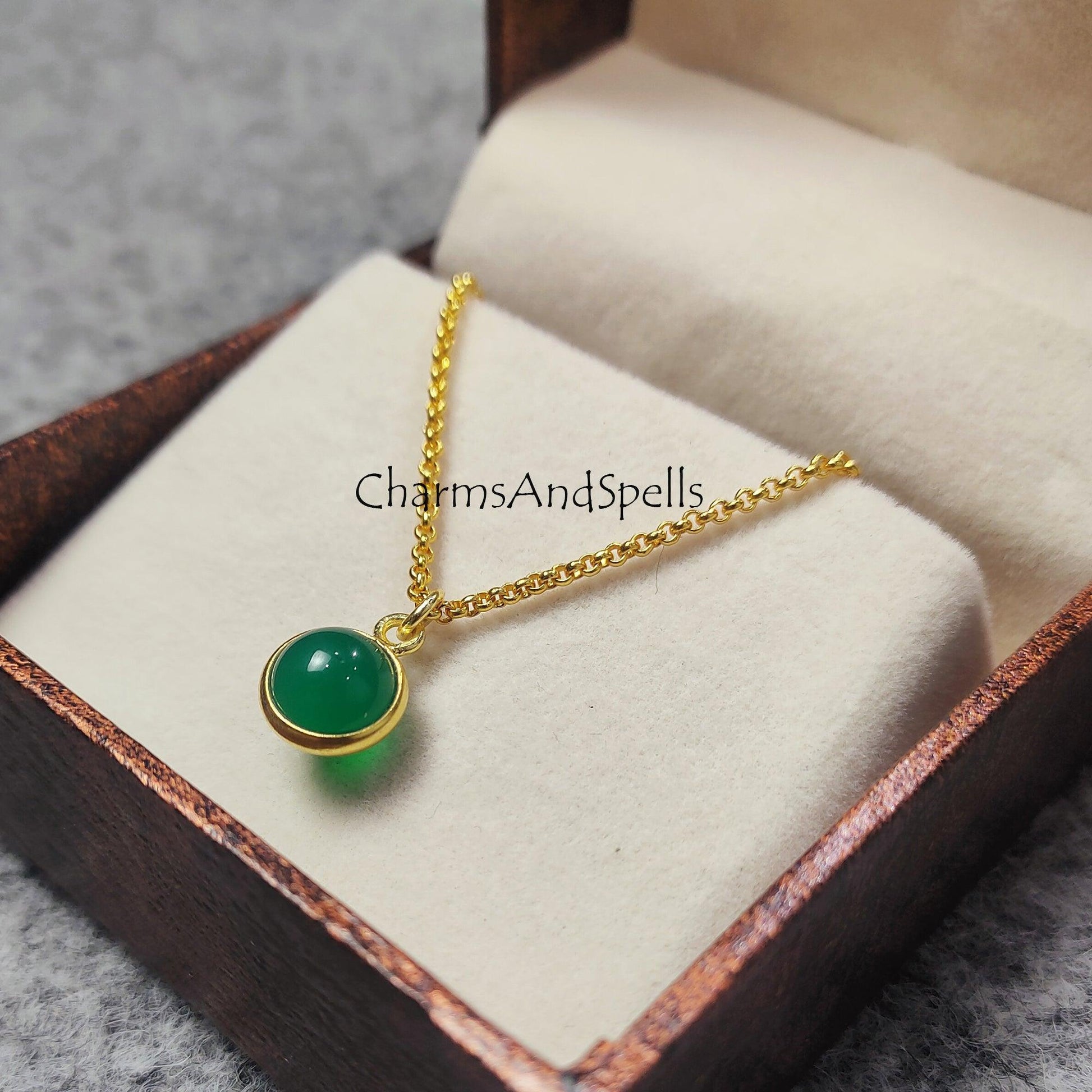 Green Onyx Gemstone Necklace Pendant, Gold Plated Necklace, Green Onyx Ball Necklace, Orb Necklace, Green onyx necklaces - Charms And Spells