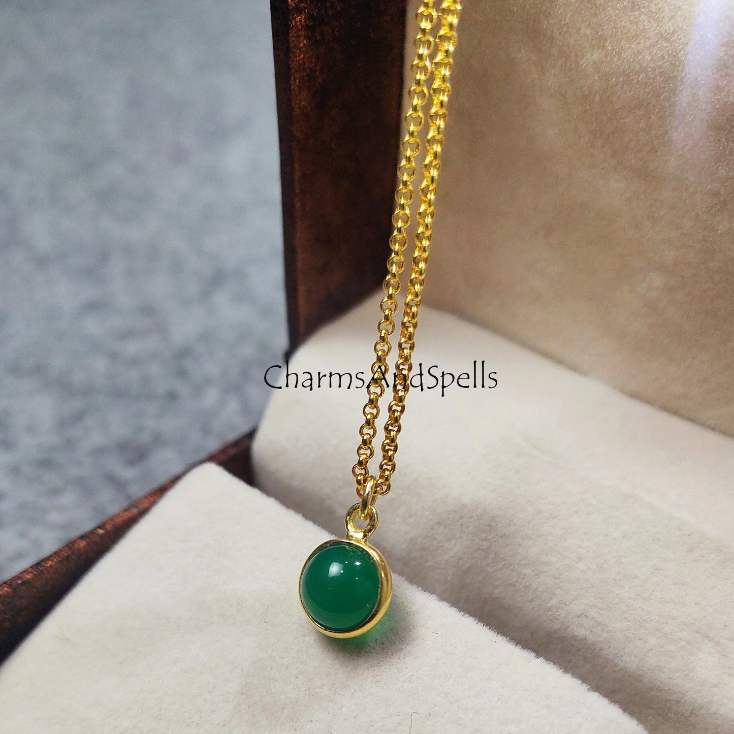 Green Onyx Gemstone Necklace Pendant, Gold Plated Necklace, Green Onyx Ball Necklace, Orb Necklace, Green onyx necklaces - Charms And Spells