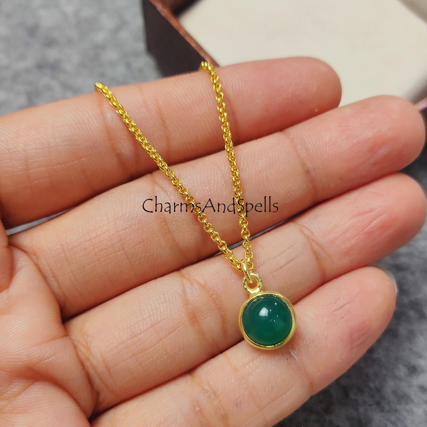 Green Onyx Gemstone Necklace Pendant, Gold Plated Necklace, Green Onyx Ball Necklace, Orb Necklace, Green onyx necklaces - Charms And Spells