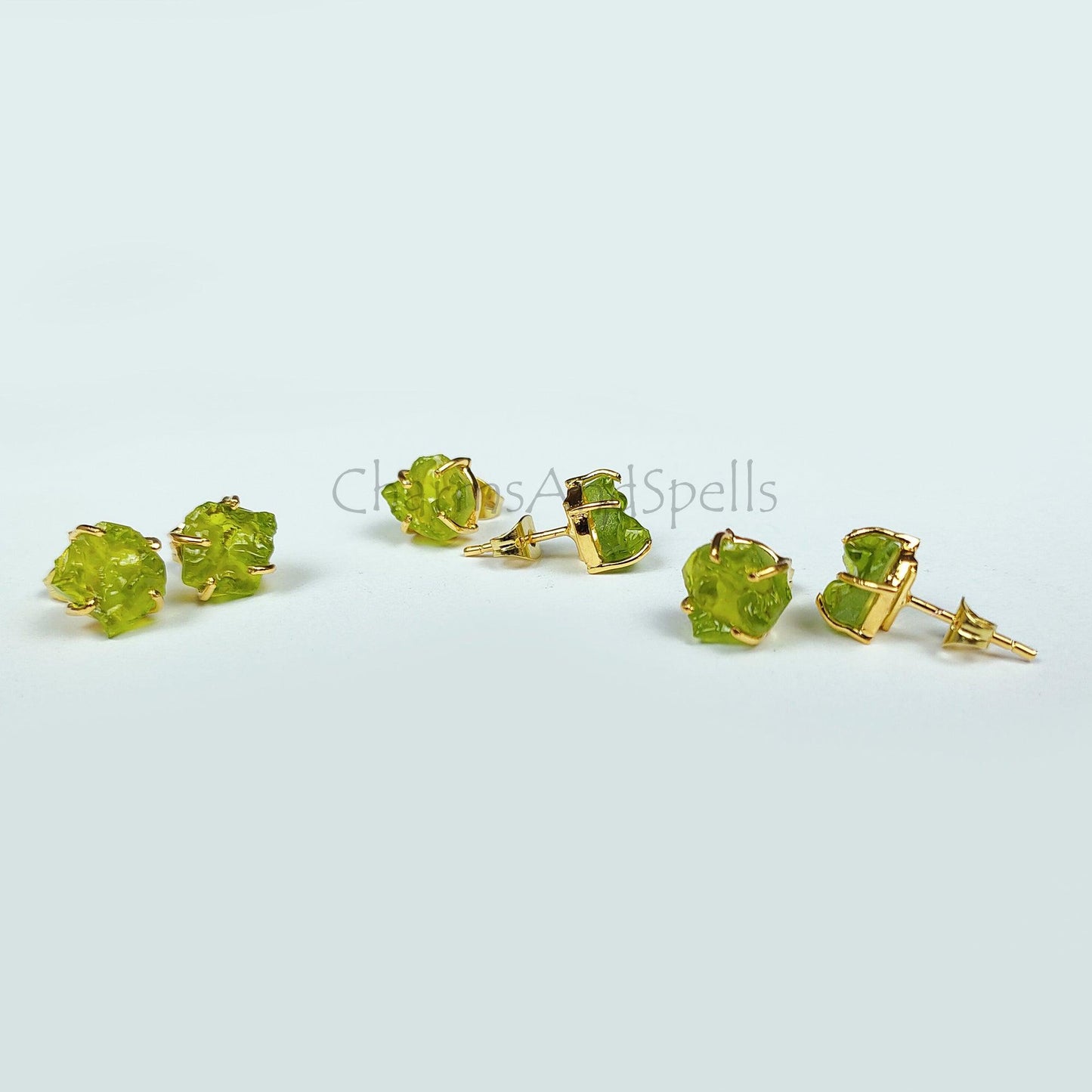 Moldavite Raw Gemstone Studs, 14K Gold Plated Stud Earring, Prong Stud Earrings, Green gemstone Earrings, Rare Jewelry, Gift For Her - Charms And Spells