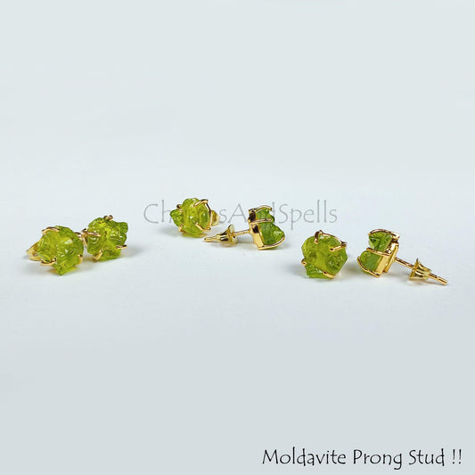 Moldavite Raw Gemstone Studs, 14K Gold Plated Stud Earring, Prong Stud Earrings, Green gemstone Earrings, Rare Jewelry, Gift For Her - Charms And Spells