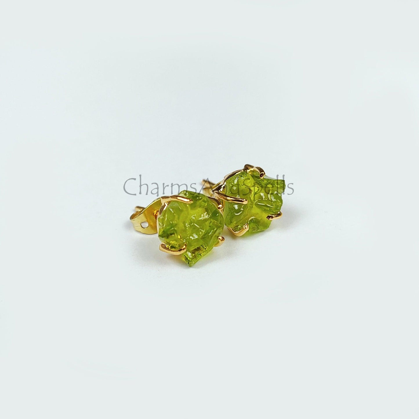 Moldavite Raw Gemstone Studs, 14K Gold Plated Stud Earring, Prong Stud Earrings, Green gemstone Earrings, Rare Jewelry, Gift For Her - Charms And Spells