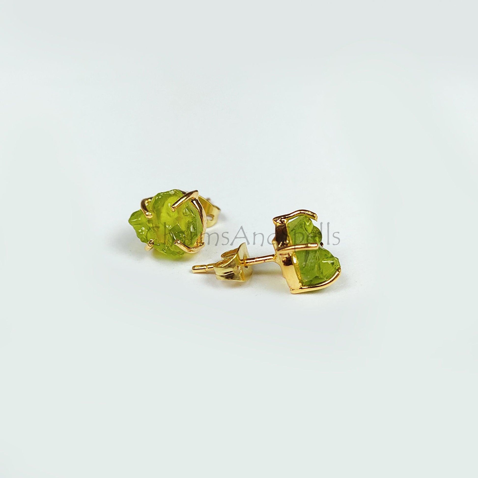 Moldavite Raw Gemstone Studs, 14K Gold Plated Stud Earring, Prong Stud Earrings, Green gemstone Earrings, Rare Jewelry, Gift For Her - Charms And Spells