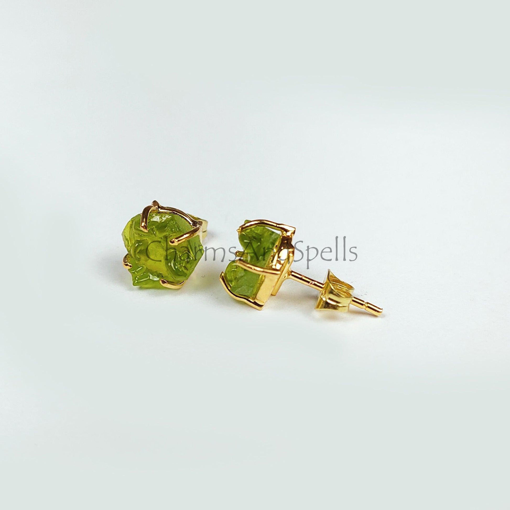 Moldavite Raw Gemstone Studs, 14K Gold Plated Stud Earring, Prong Stud Earrings, Green gemstone Earrings, Rare Jewelry, Gift For Her - Charms And Spells