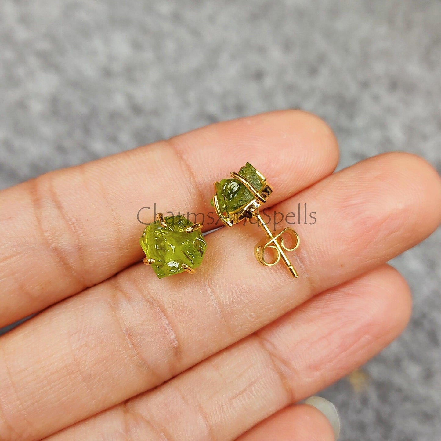 Moldavite Raw Gemstone Studs, 14K Gold Plated Stud Earring, Prong Stud Earrings, Green gemstone Earrings, Rare Jewelry, Gift For Her - Charms And Spells