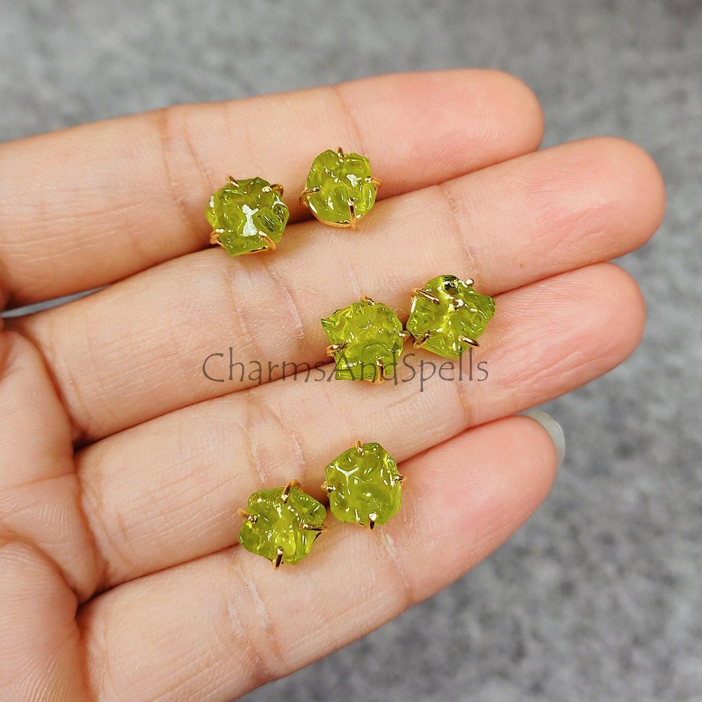 Moldavite Raw Gemstone Studs, 14K Gold Plated Stud Earring, Prong Stud Earrings, Green gemstone Earrings, Rare Jewelry, Gift For Her - Charms And Spells