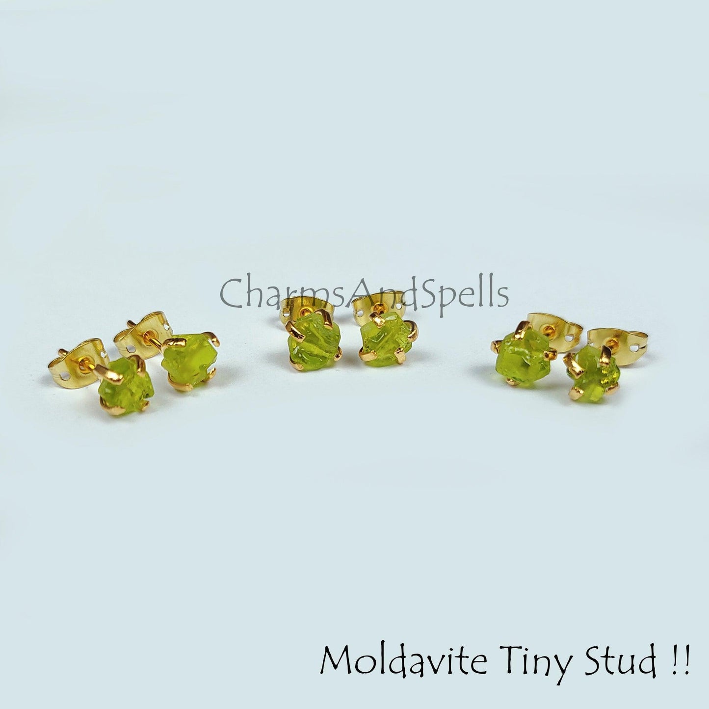 Tiny Moldavite Raw Gemstone Studs, Gold Plated Prong Stud Earrings, Healing Earrings, Green Gemstone Earrings, Gift For Her - Charms And Spells