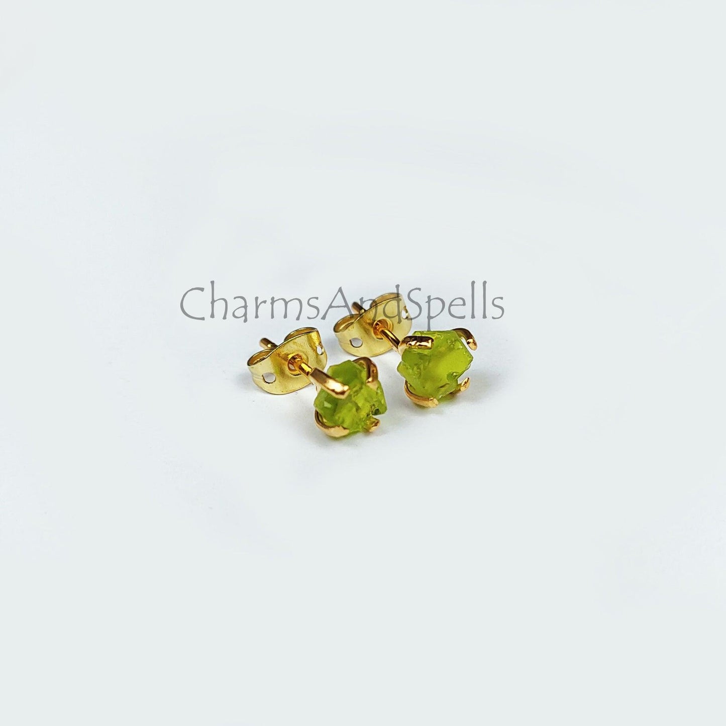 Tiny Moldavite Raw Gemstone Studs, Gold Plated Prong Stud Earrings, Healing Earrings, Green Gemstone Earrings, Gift For Her - Charms And Spells