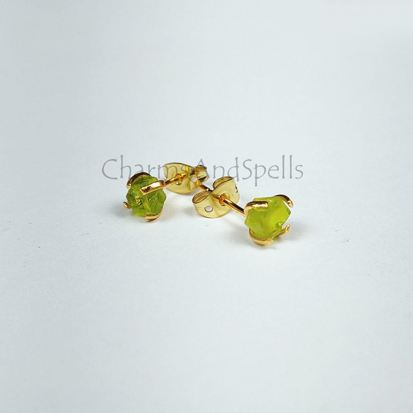 Tiny Moldavite Raw Gemstone Studs, Gold Plated Prong Stud Earrings, Healing Earrings, Green Gemstone Earrings, Gift For Her - Charms And Spells