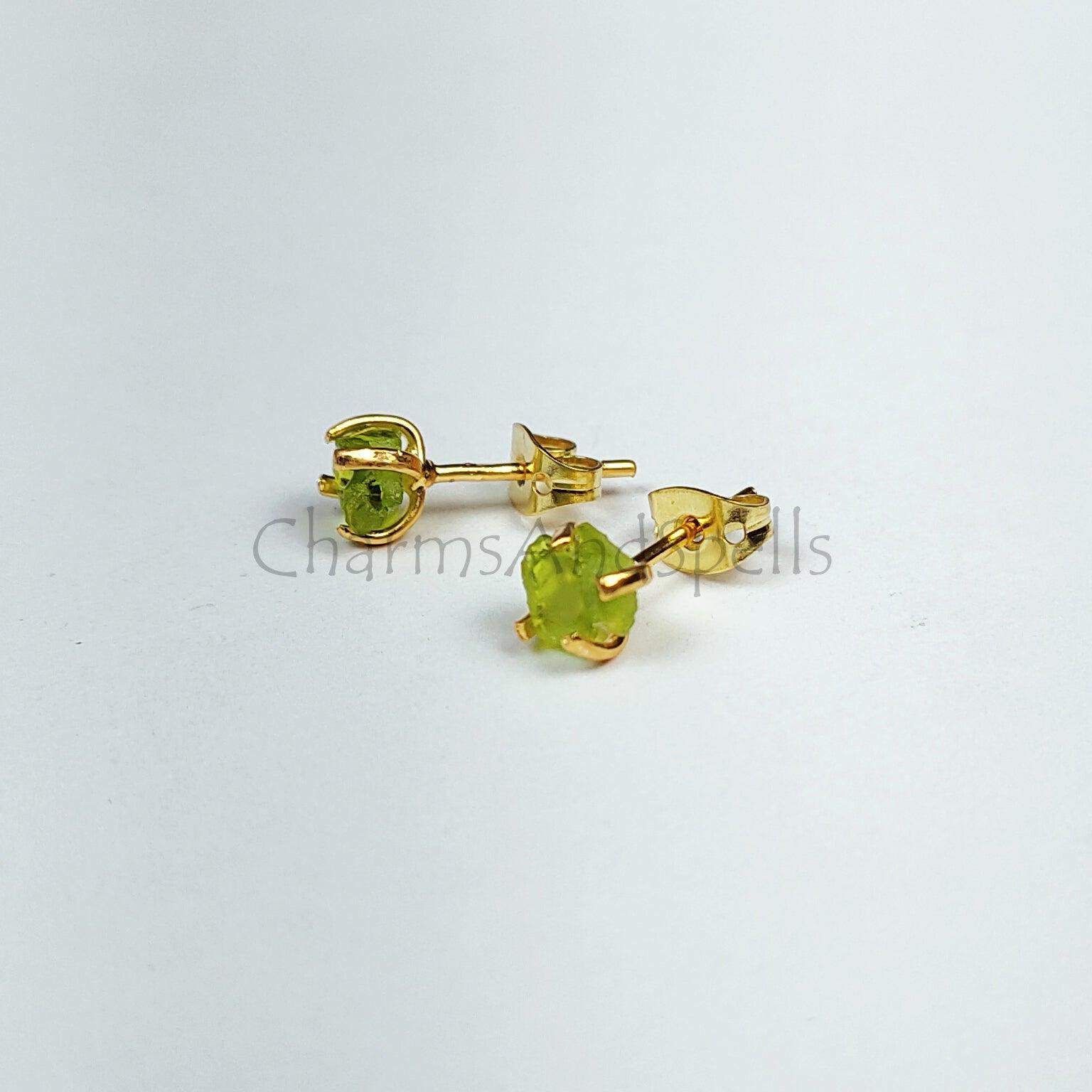 Tiny Moldavite Raw Gemstone Studs, Gold Plated Prong Stud Earrings, Healing Earrings, Green Gemstone Earrings, Gift For Her - Charms And Spells