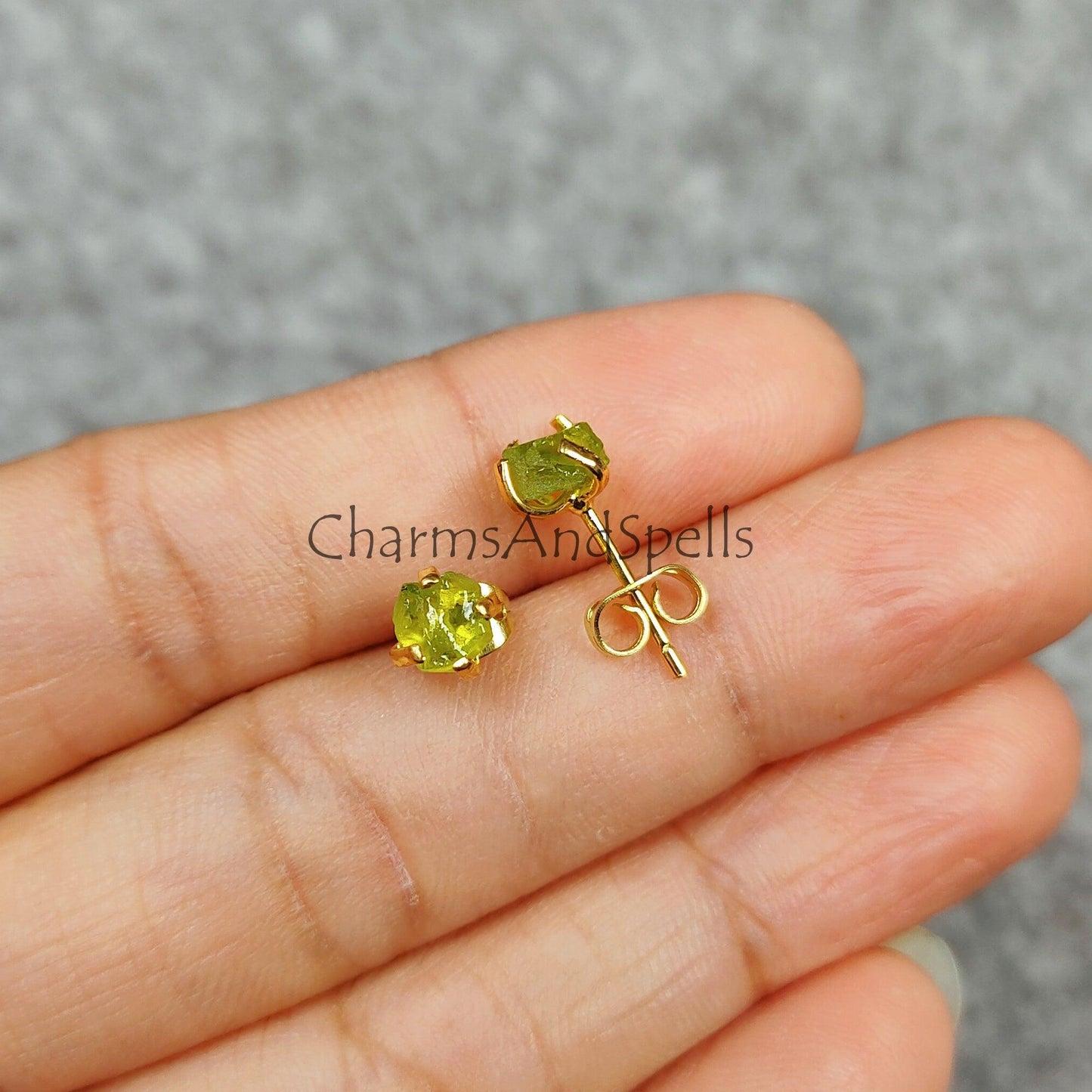 Tiny Moldavite Raw Gemstone Studs, Gold Plated Prong Stud Earrings, Healing Earrings, Green Gemstone Earrings, Gift For Her - Charms And Spells