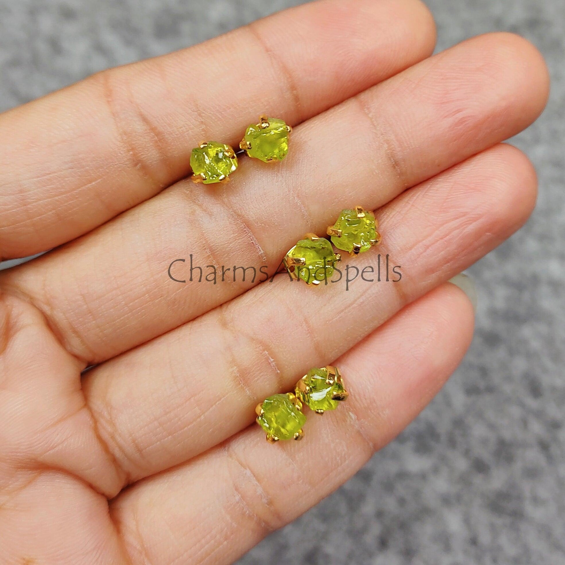 Tiny Moldavite Raw Gemstone Studs, Gold Plated Prong Stud Earrings, Healing Earrings, Green Gemstone Earrings, Gift For Her - Charms And Spells