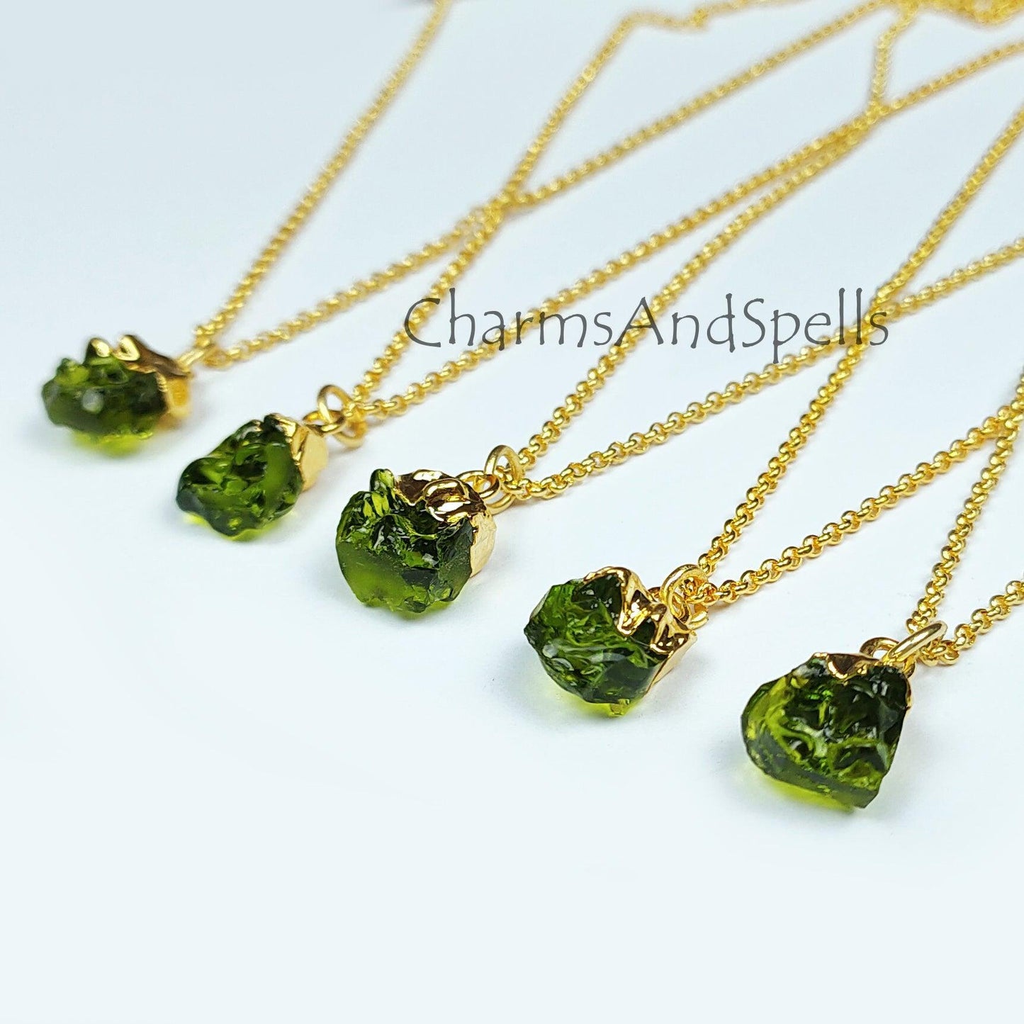 Raw Moldavite Pendant, Gold Electroplated Jewelry, Raw Crystal, Woman Necklace, Gift Ideas, Gifts for her, Hippie Raw Crystal Necklace - Charms And Spells